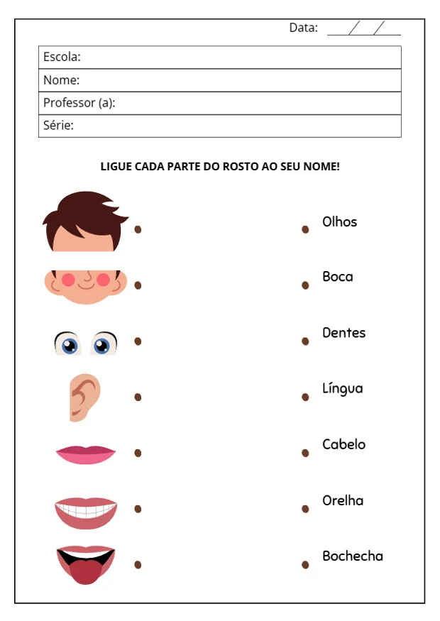Ligue cada parte do rosto ao seu nome
